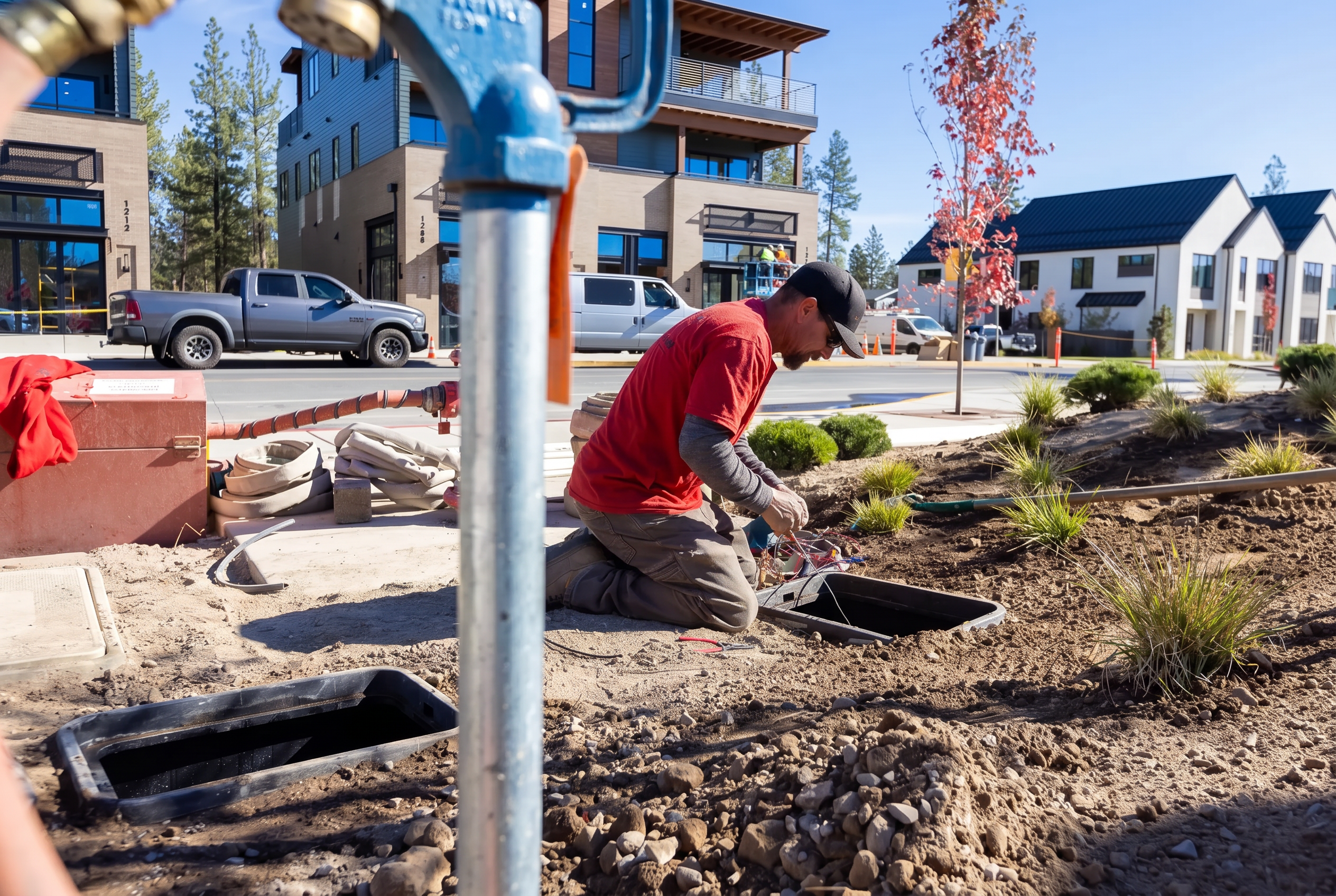 Newport Avenue Landscaping technician installing irrigation system in Bend Oregon
