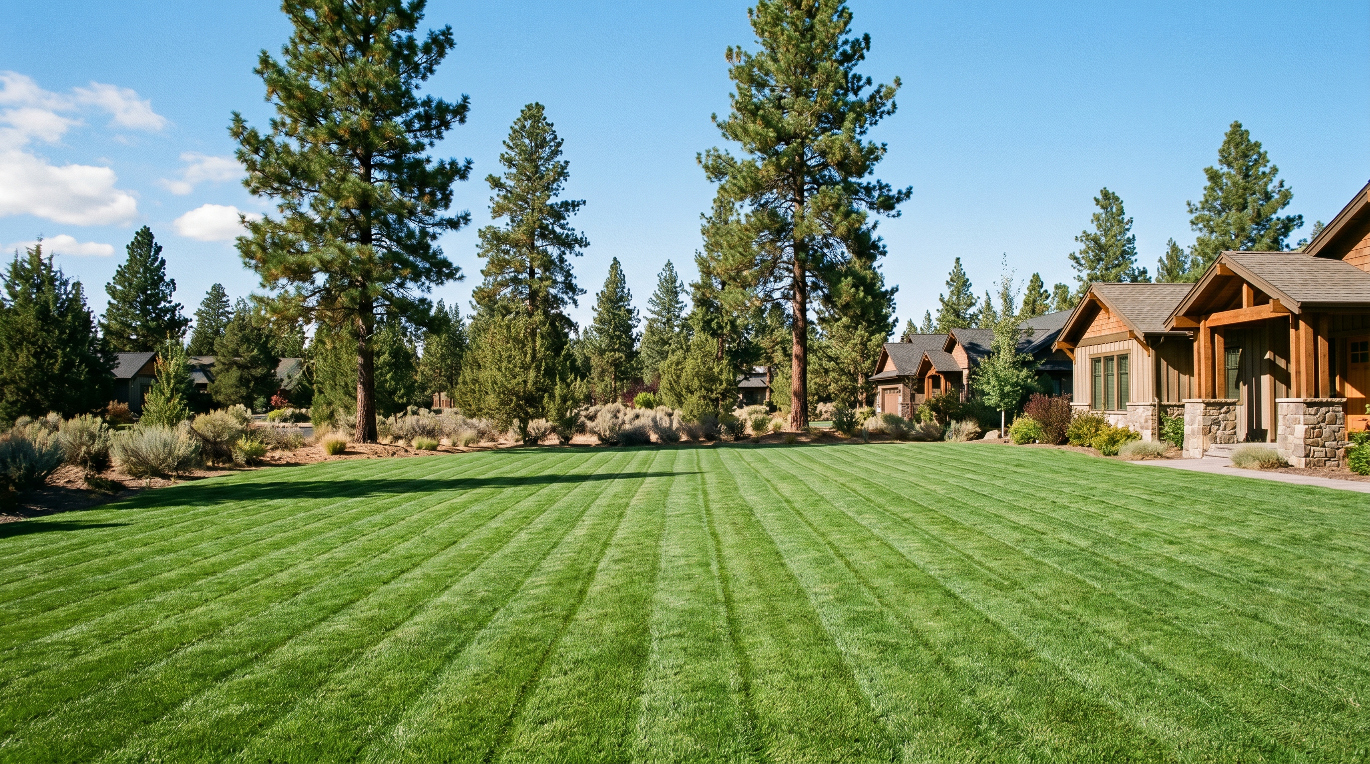 Lawn mowing service on manicured residential lawn in Bend Oregon