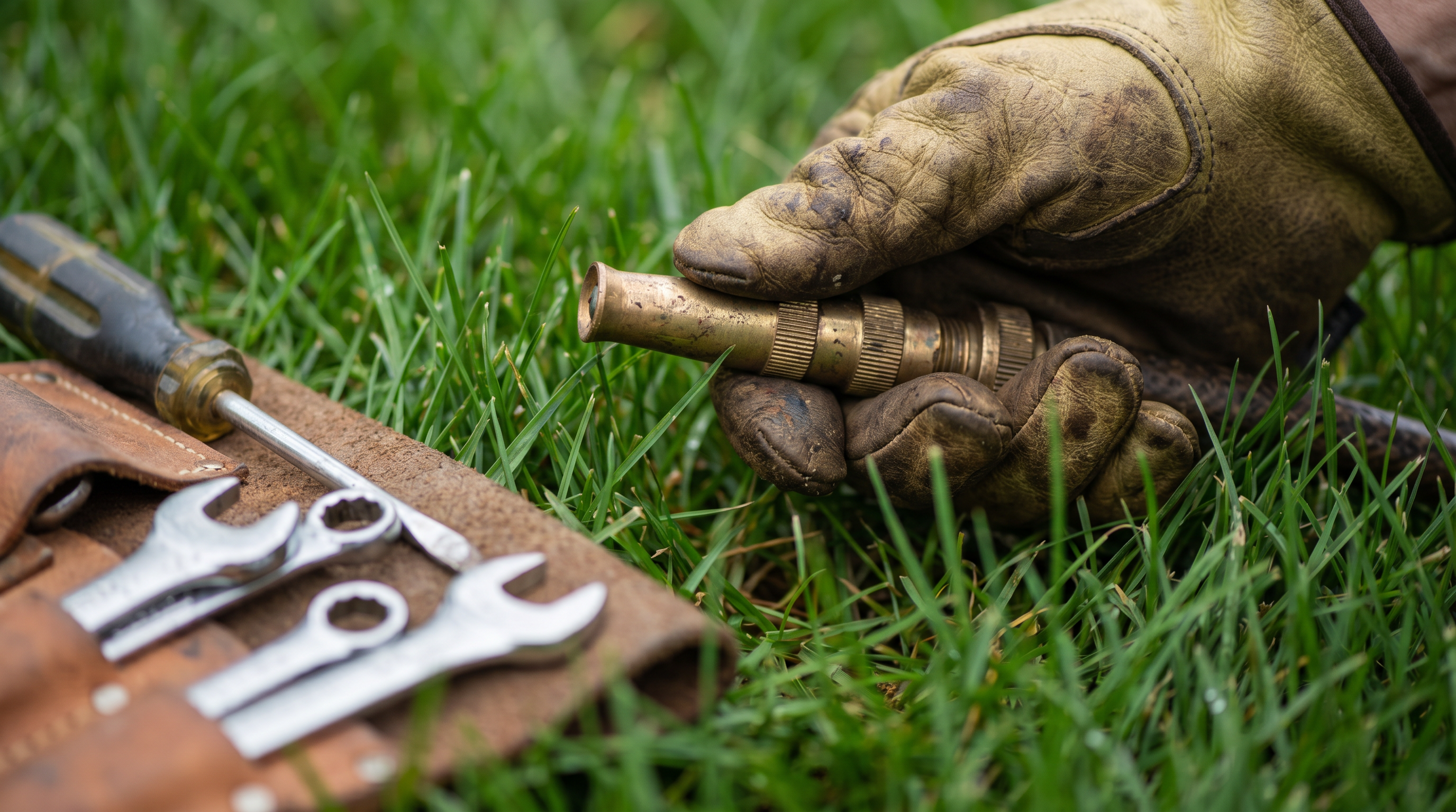 Sprinkler repair technician inspecting irrigation head in Bend Oregon