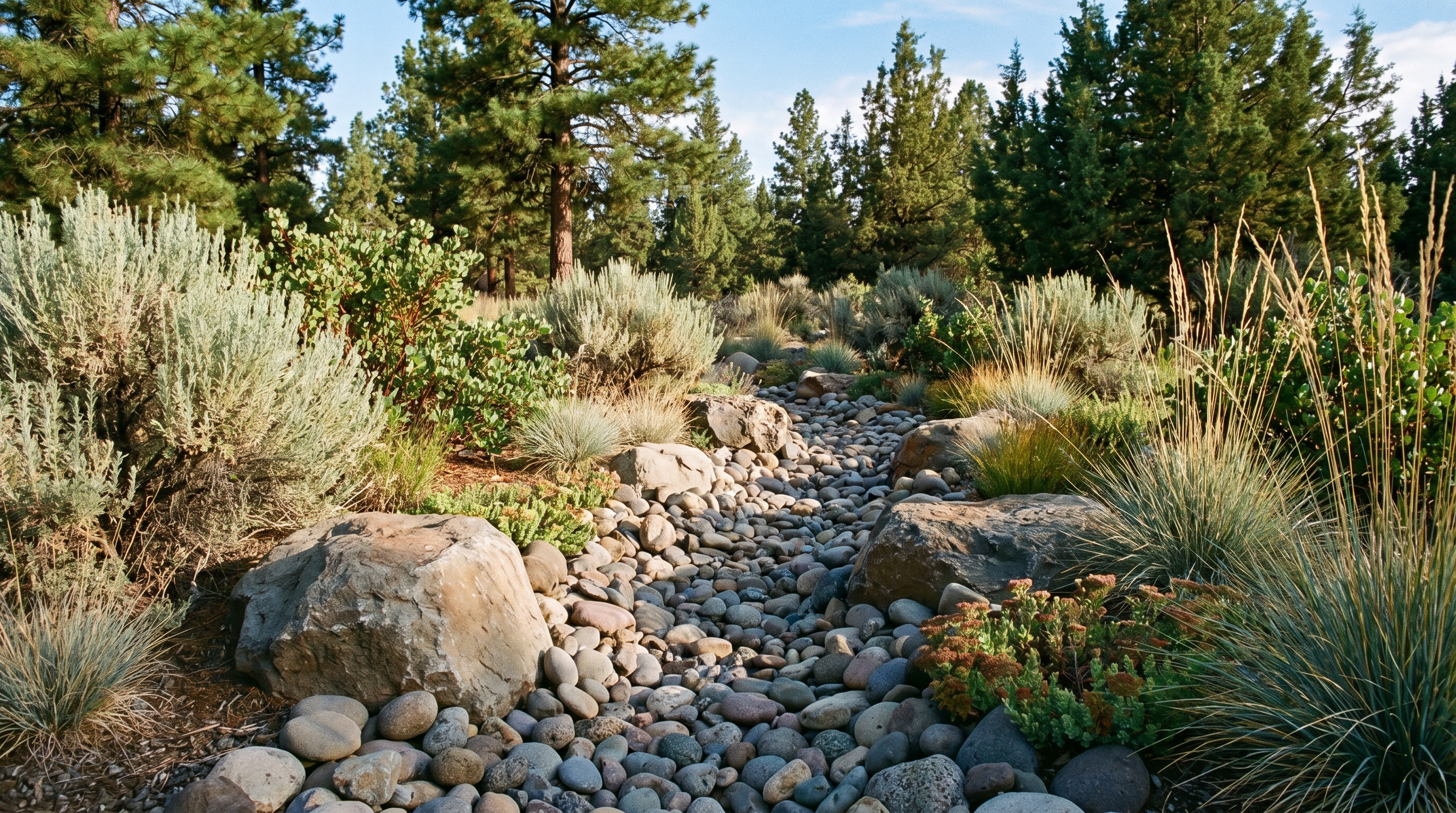 French drain installation in Central Oregon landscape