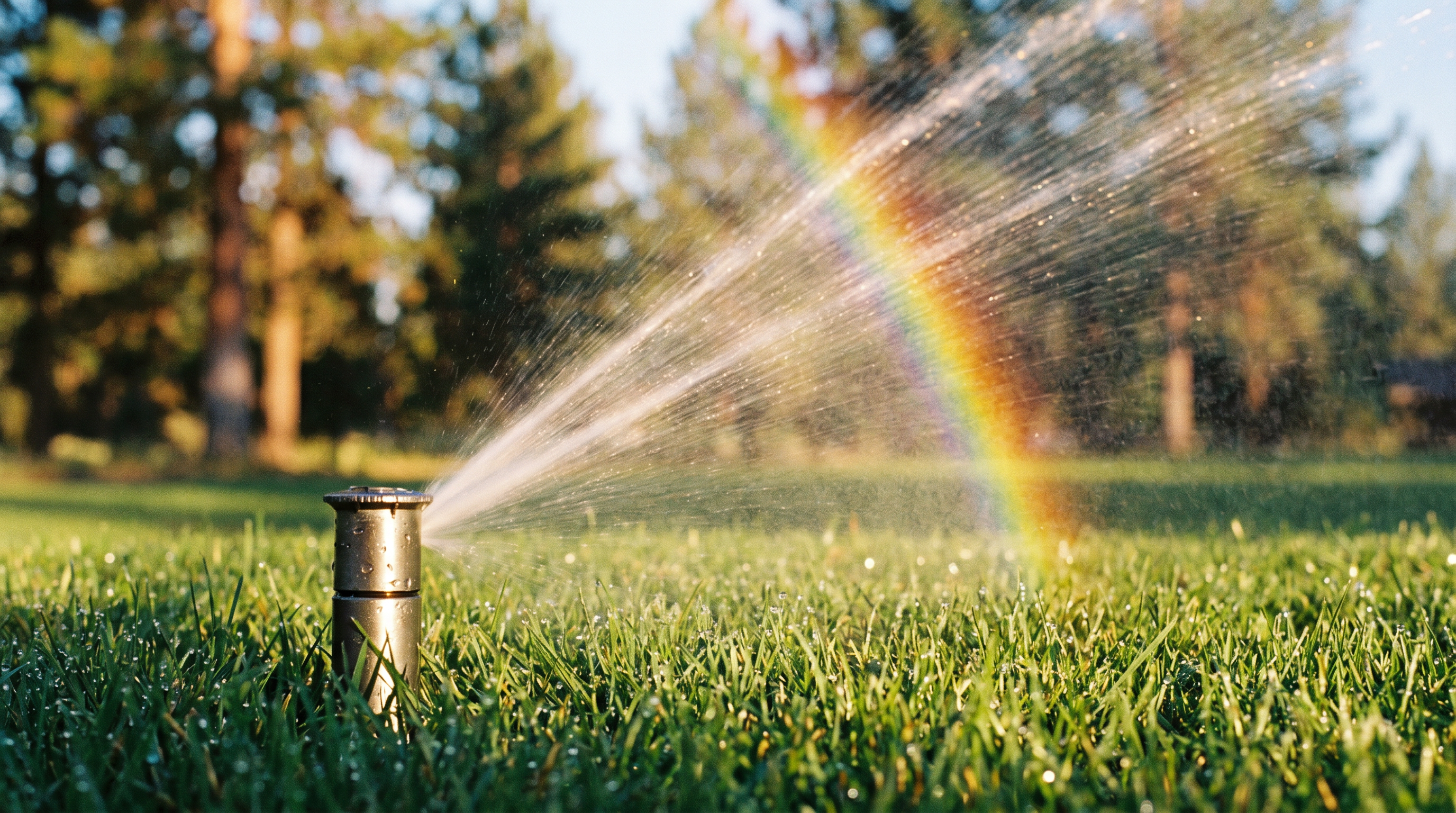 Completed sprinkler system running on residential lawn in Central Oregon