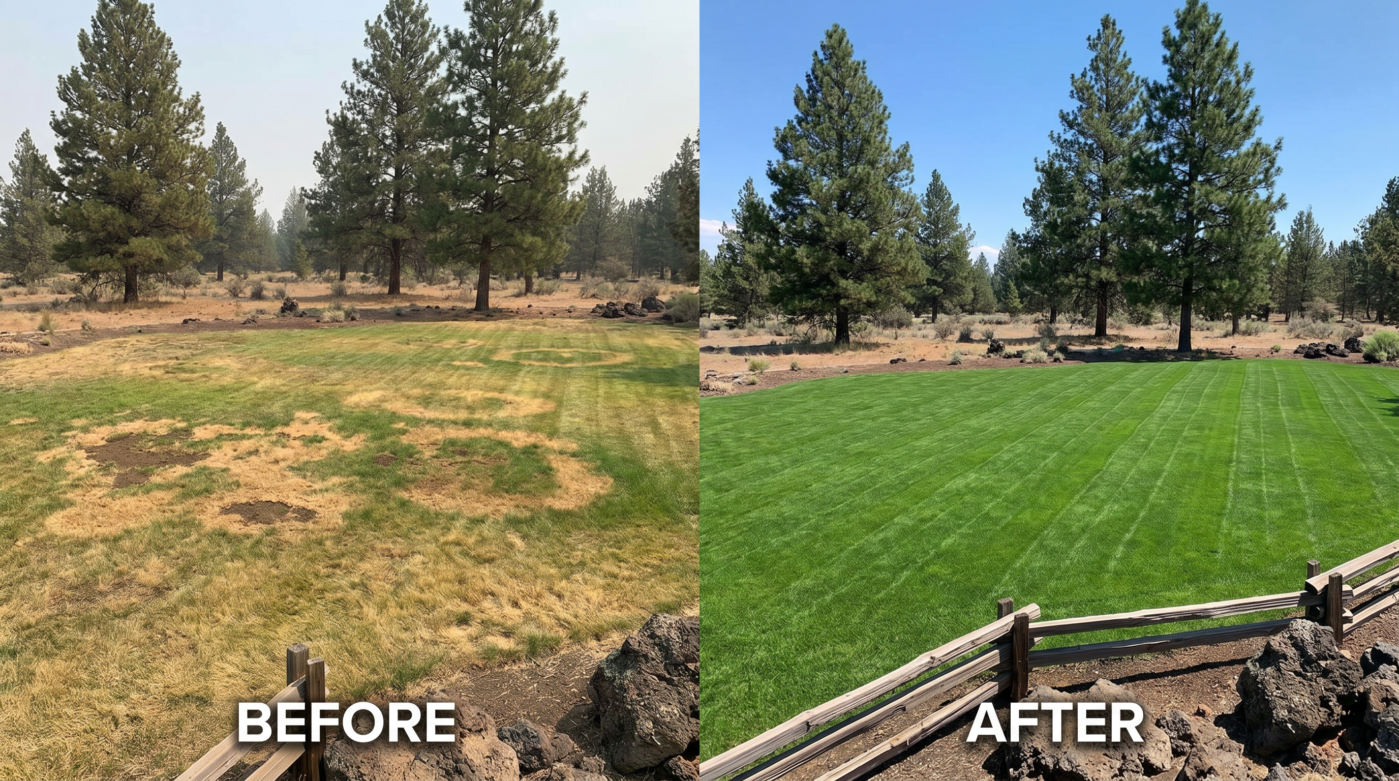 Before and after lawn fungus treatment in Central Oregon