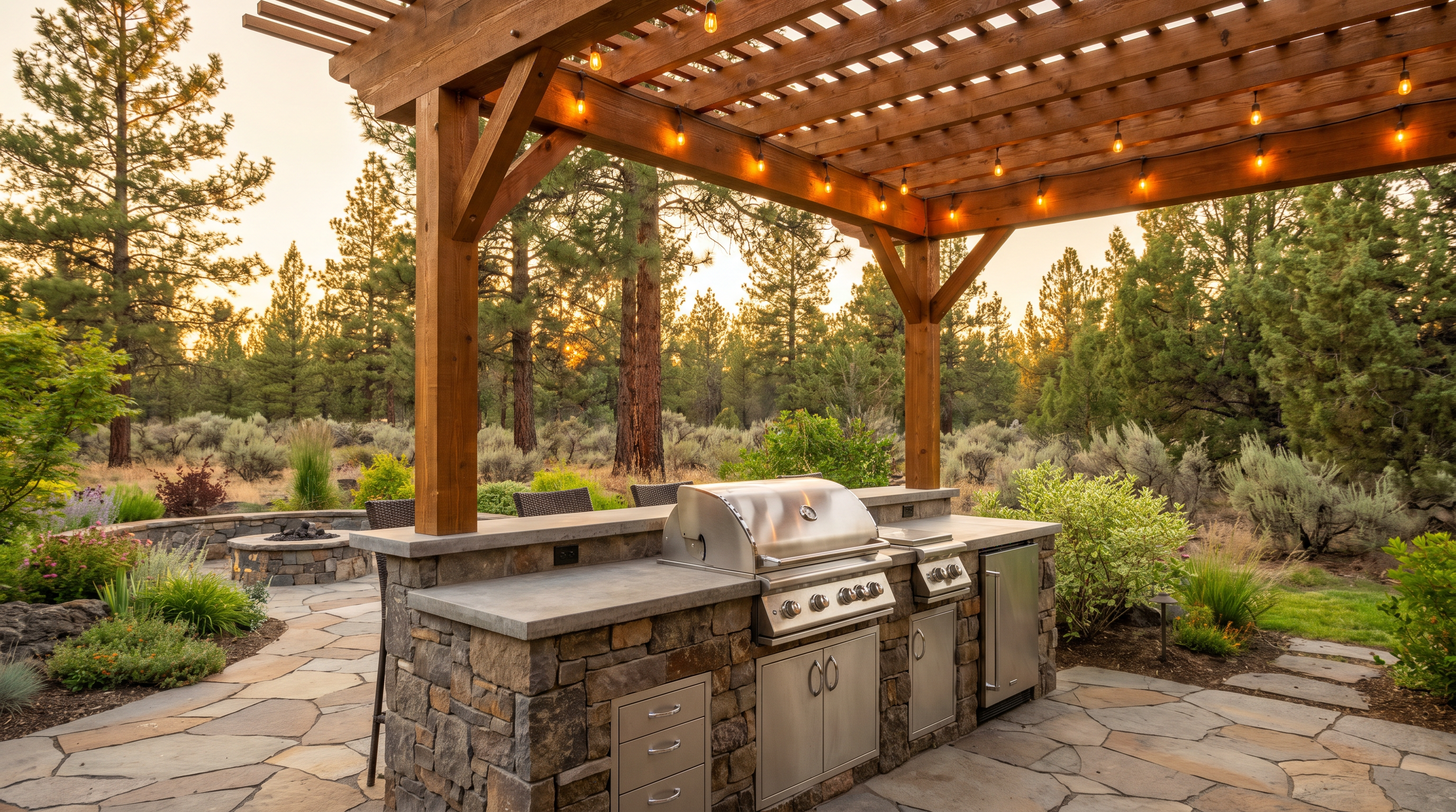 Custom outdoor kitchen with built-in grill and stone counter in Central Oregon
