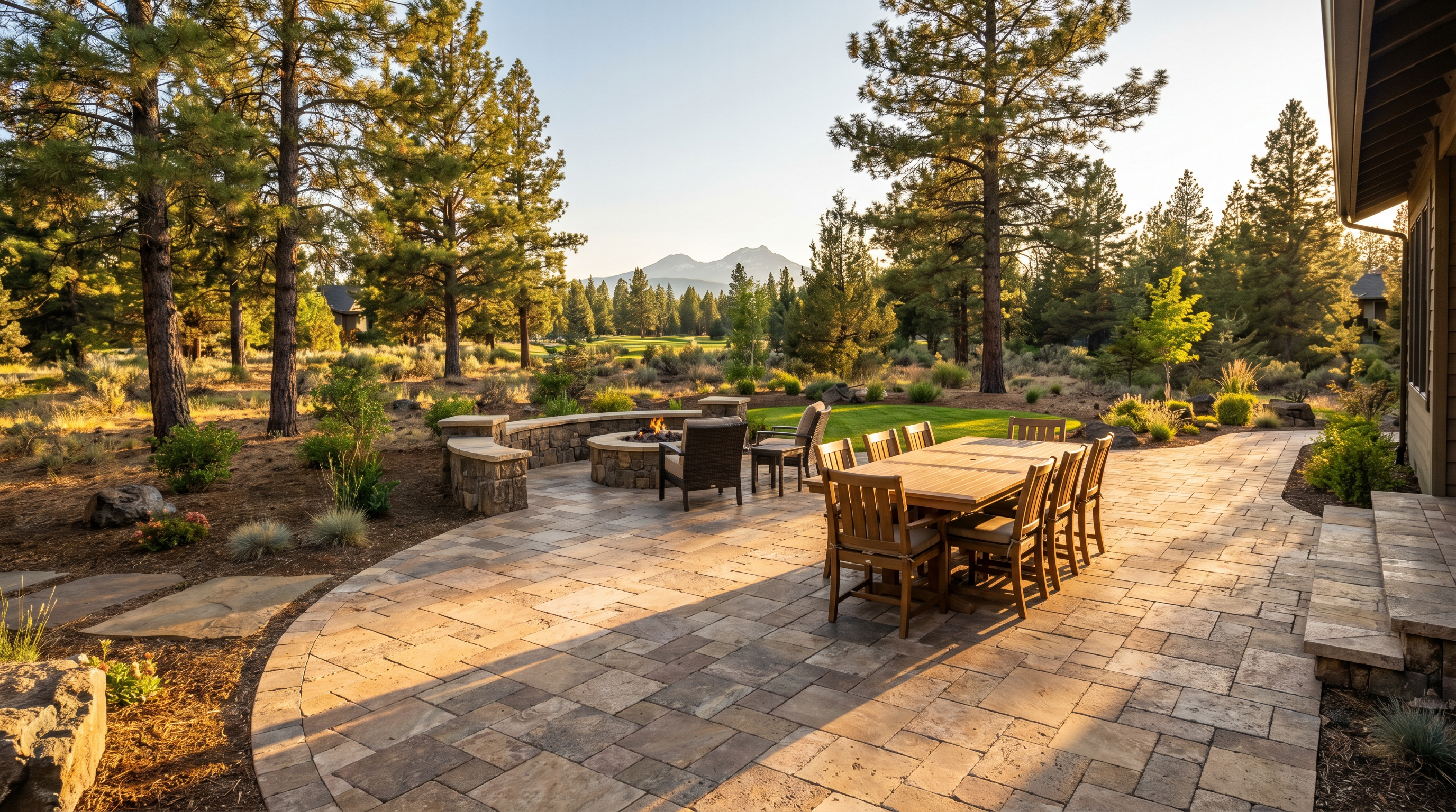 Large paver patio installation in Central Oregon backyard
