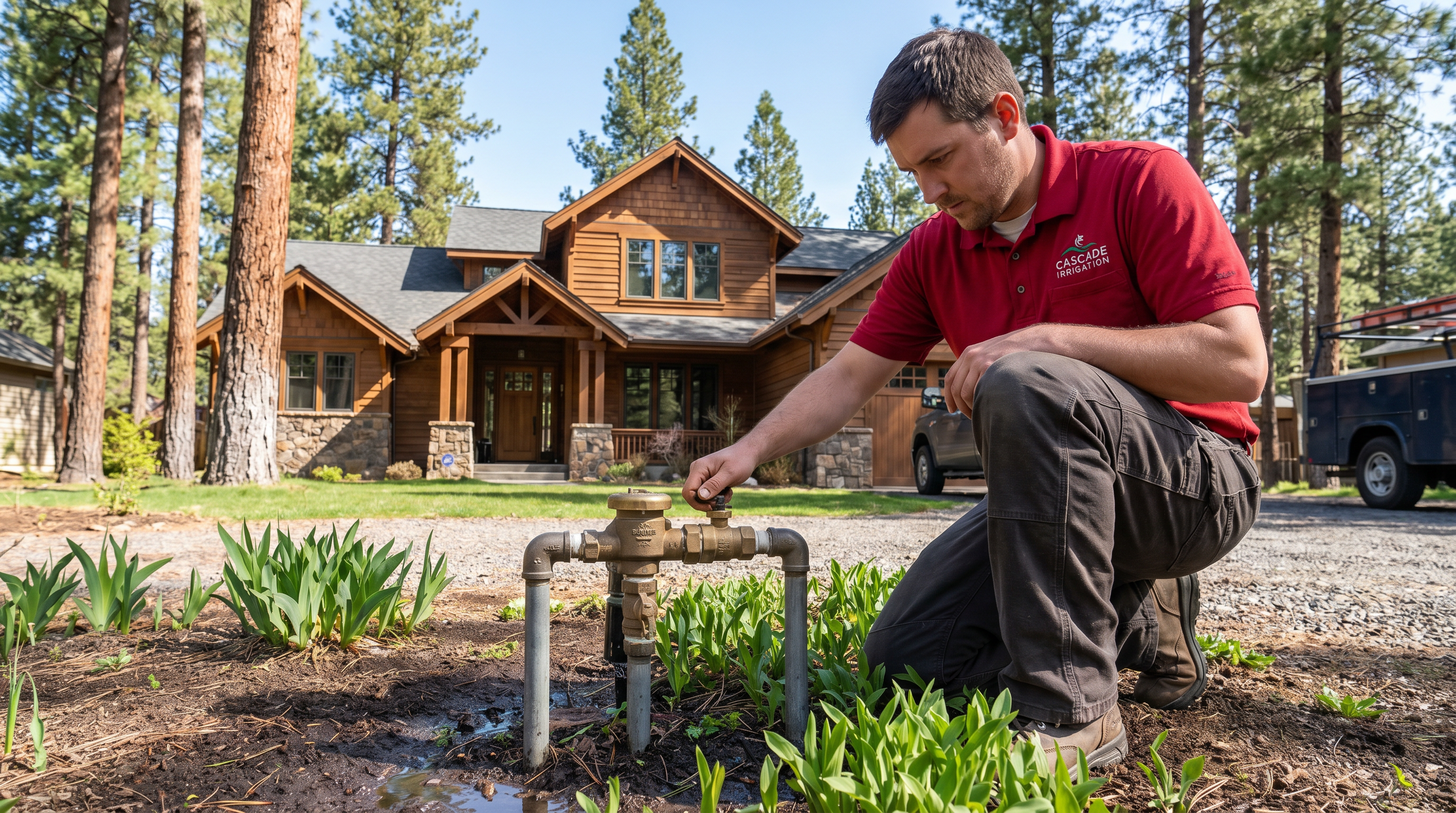Irrigation technician activating backflow preventer at a Bend Oregon home