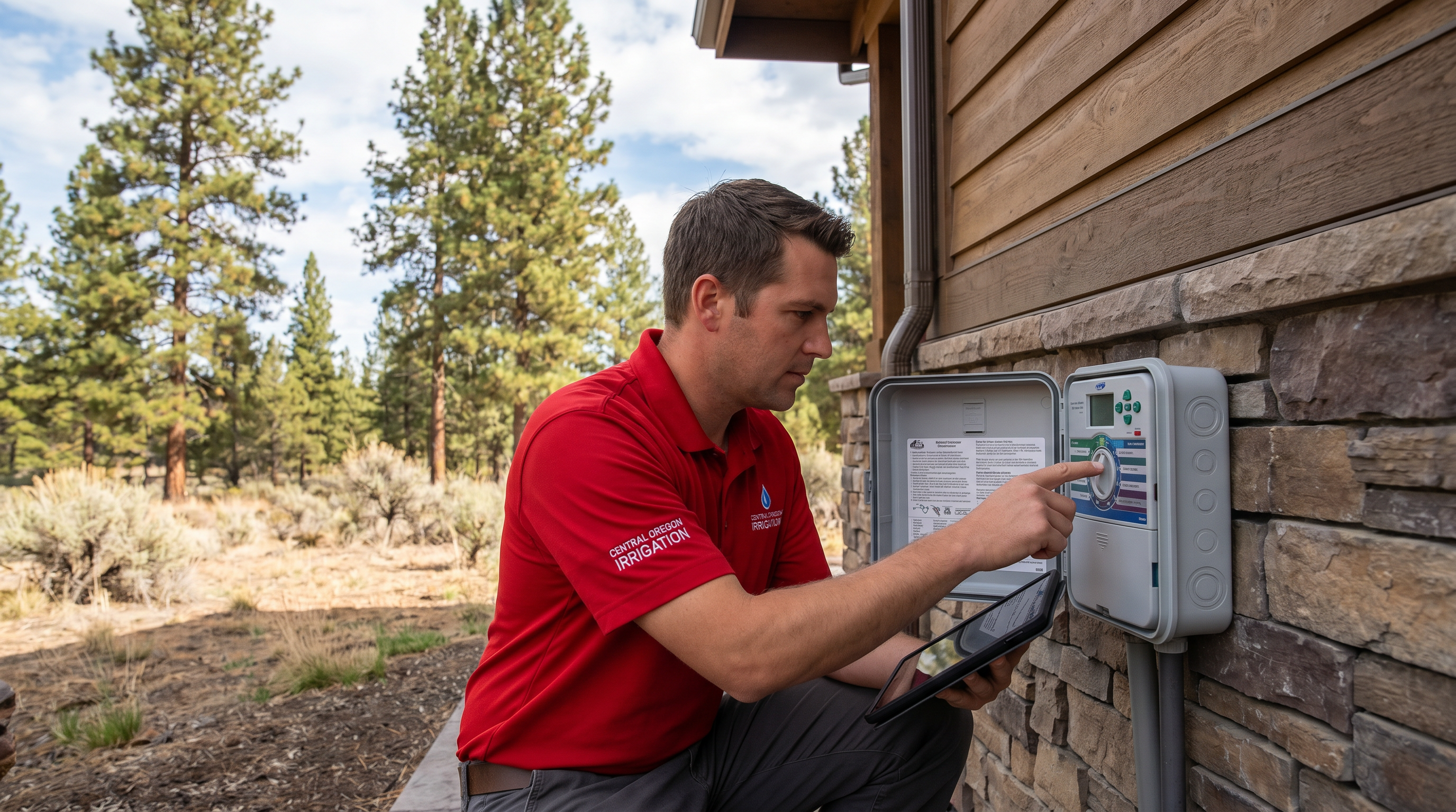 Technician programming sprinkler controller for spring season in Central Oregon
