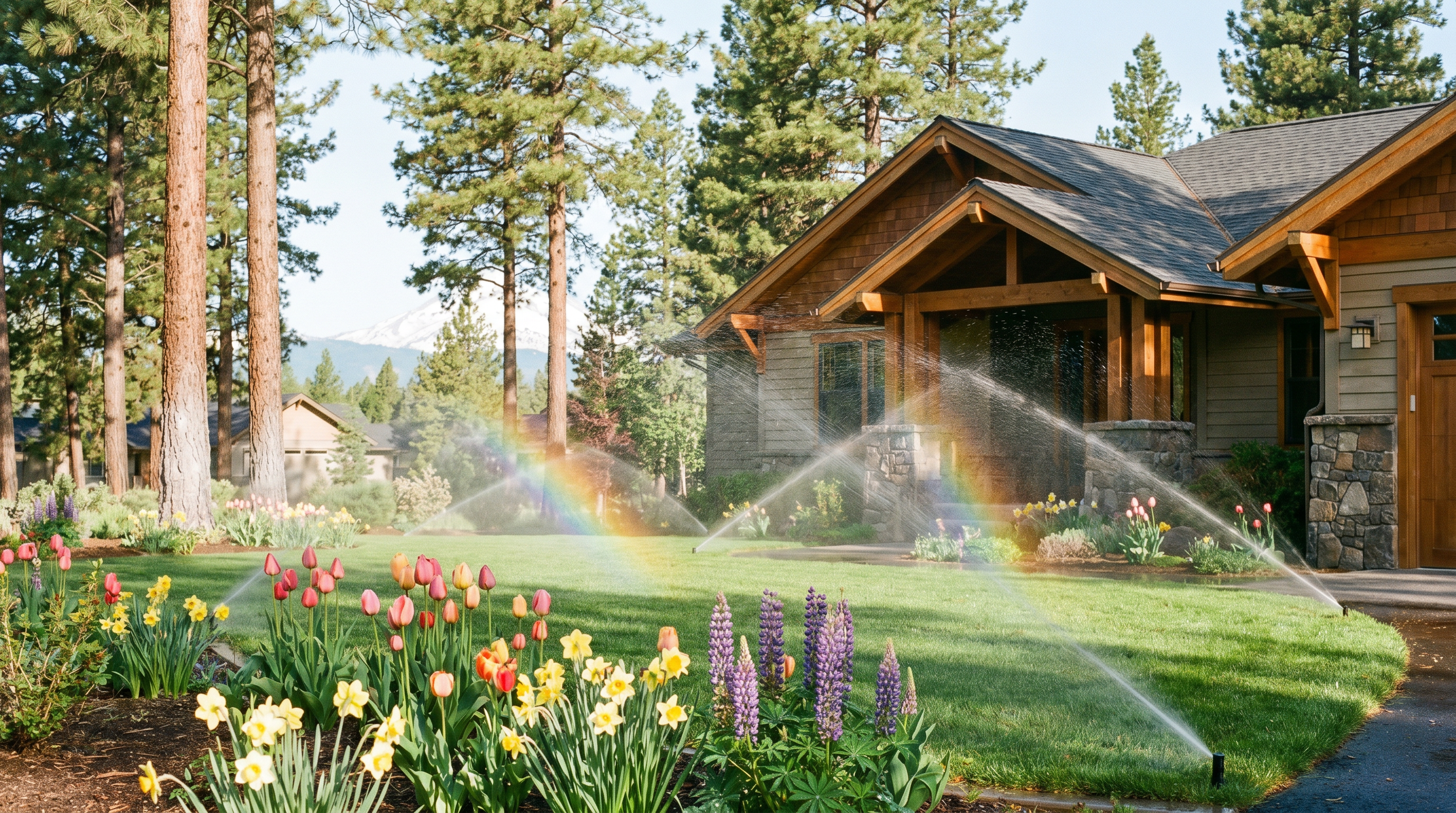 Residential sprinkler system running after spring activation in Bend Oregon